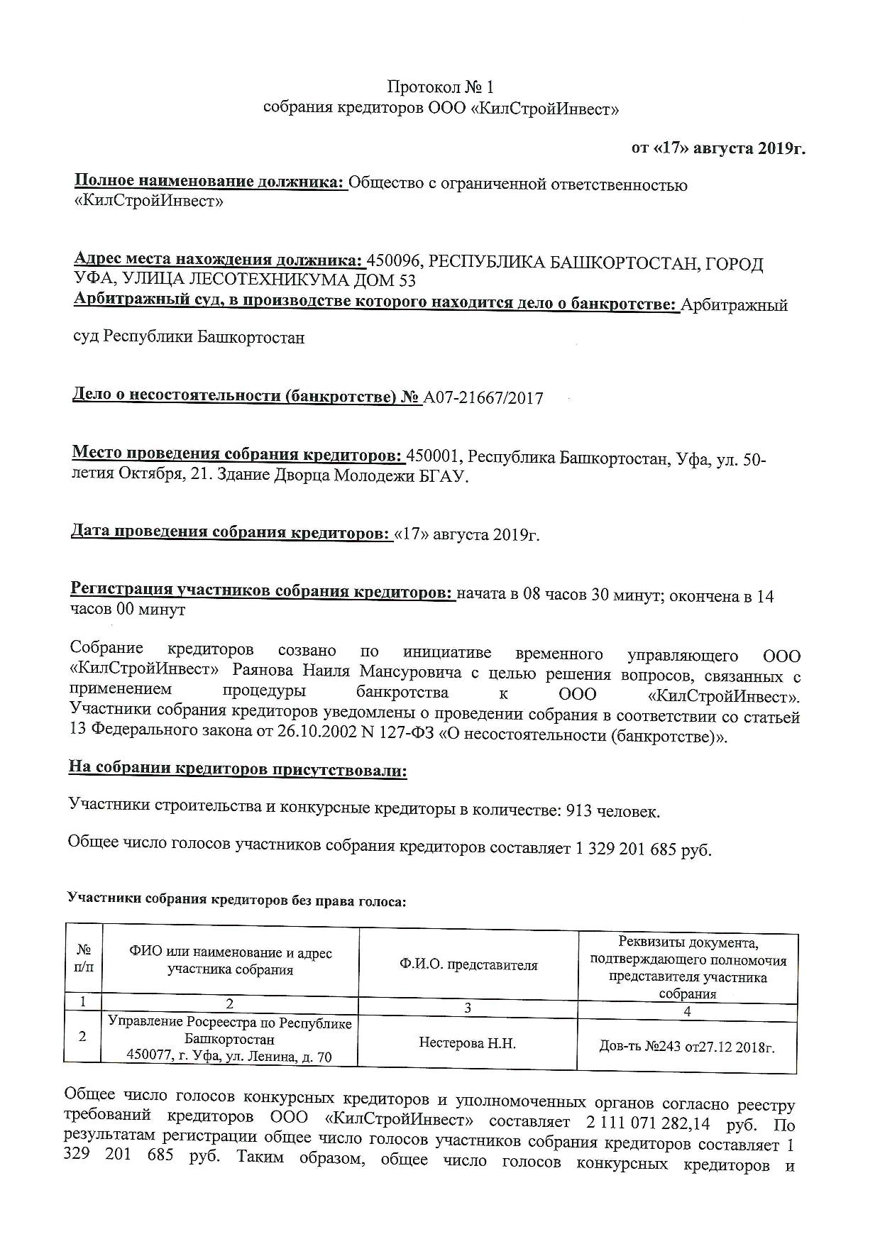 Протокол собрания кредиторов ООО 